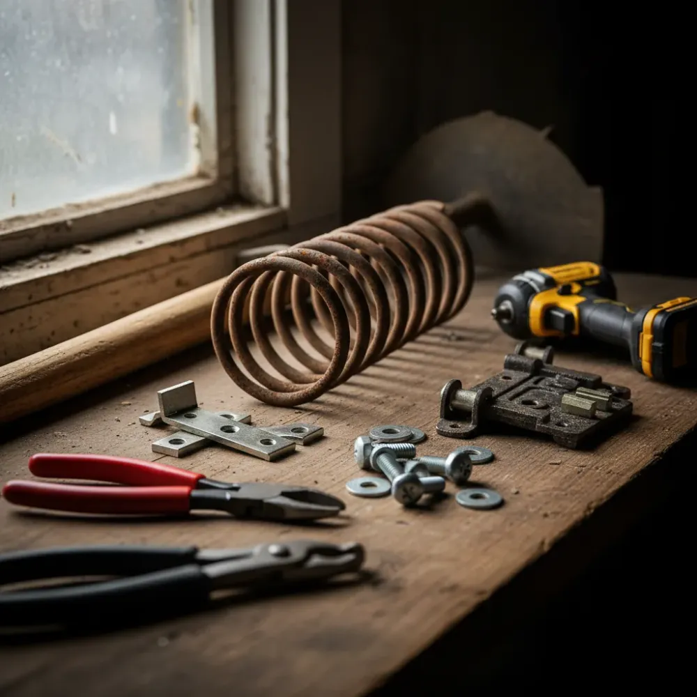 Fence and gate contractor tools including springs, hinges, and a latch assembly arranged on a wooden workbench.