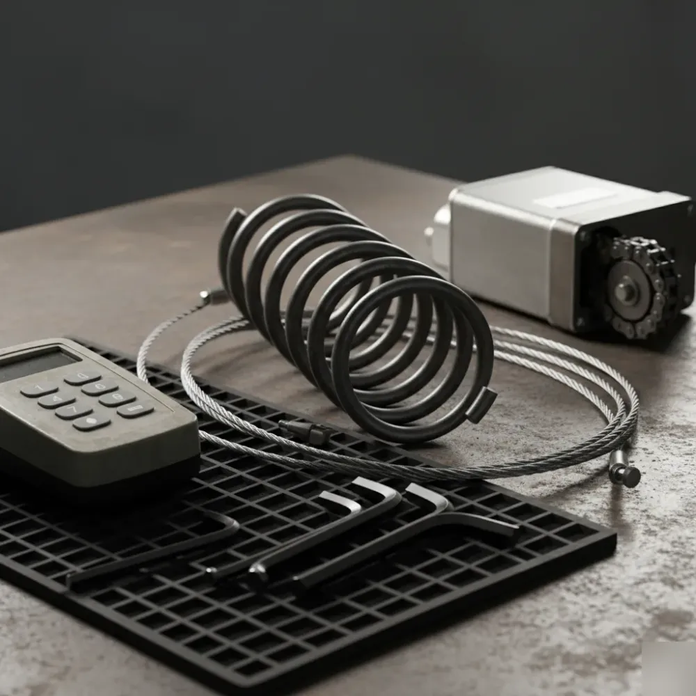 Torsion springs, steel cables, a gate keypad, and opener hardware arranged on a steel workbench under side-lighting.