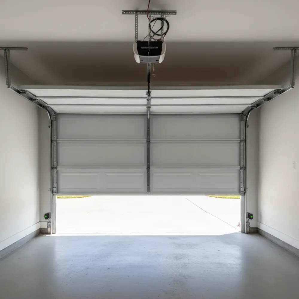Technician adjusts garage door panel hinge during same-day repair Hallandale Beach
