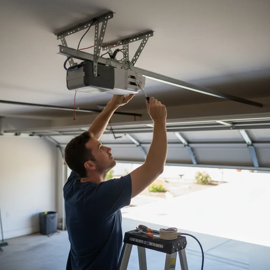 Close-up of hands testing garage door opener wall switch during repair in Hallandale Beach