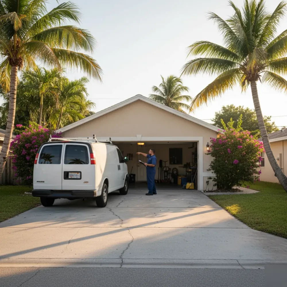 Technician with a clipboard and flashlight inspects a garage door track at a stucco home in Hallandale Beach at golden hour.