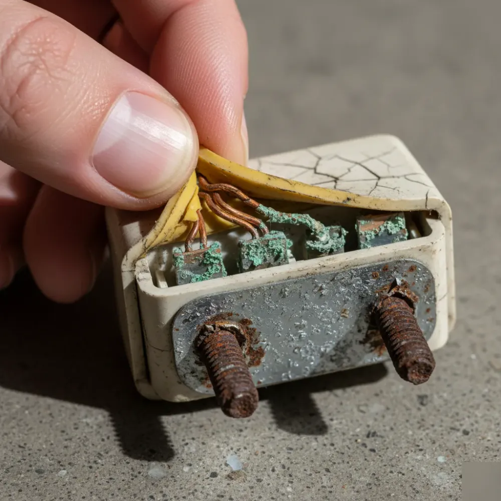 Close-up of corroded copper wire terminals inside a cracked garage door sensor housing showing salt damage.