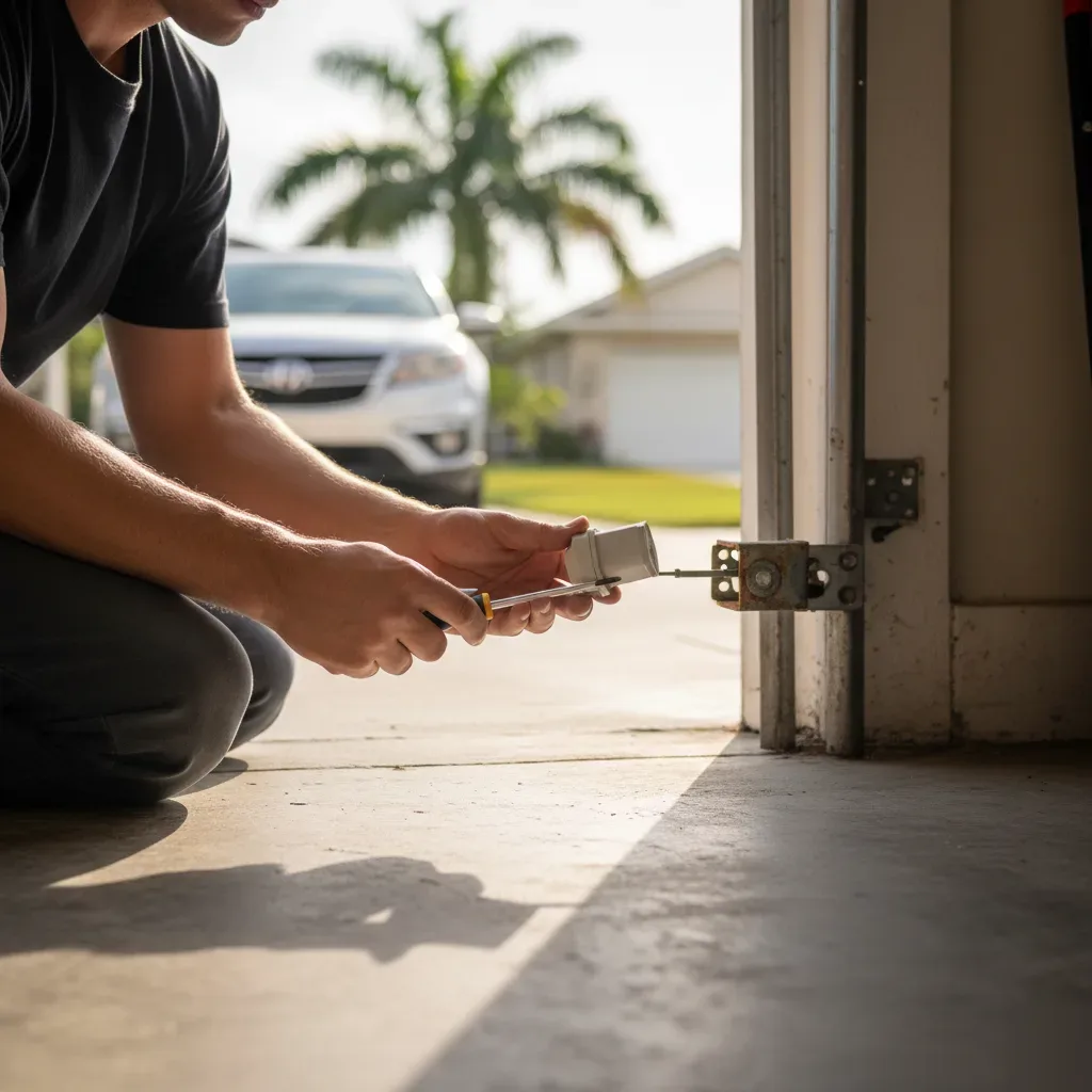 Technician crouching in a Hallandale Beach garage replaces a corroded door sensor on a aluminum track.