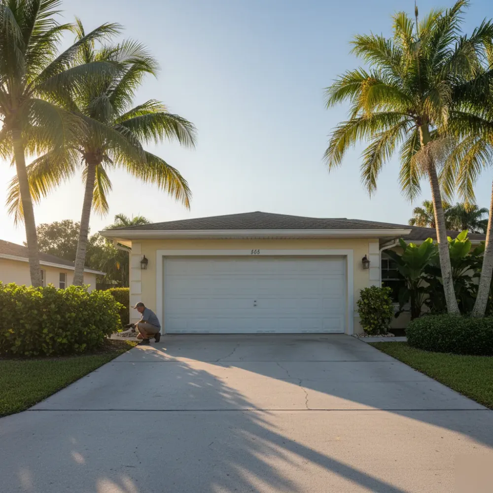 Technician installs a garage door sensor at a stucco South Florida home with palm trees and golden afternoon light.