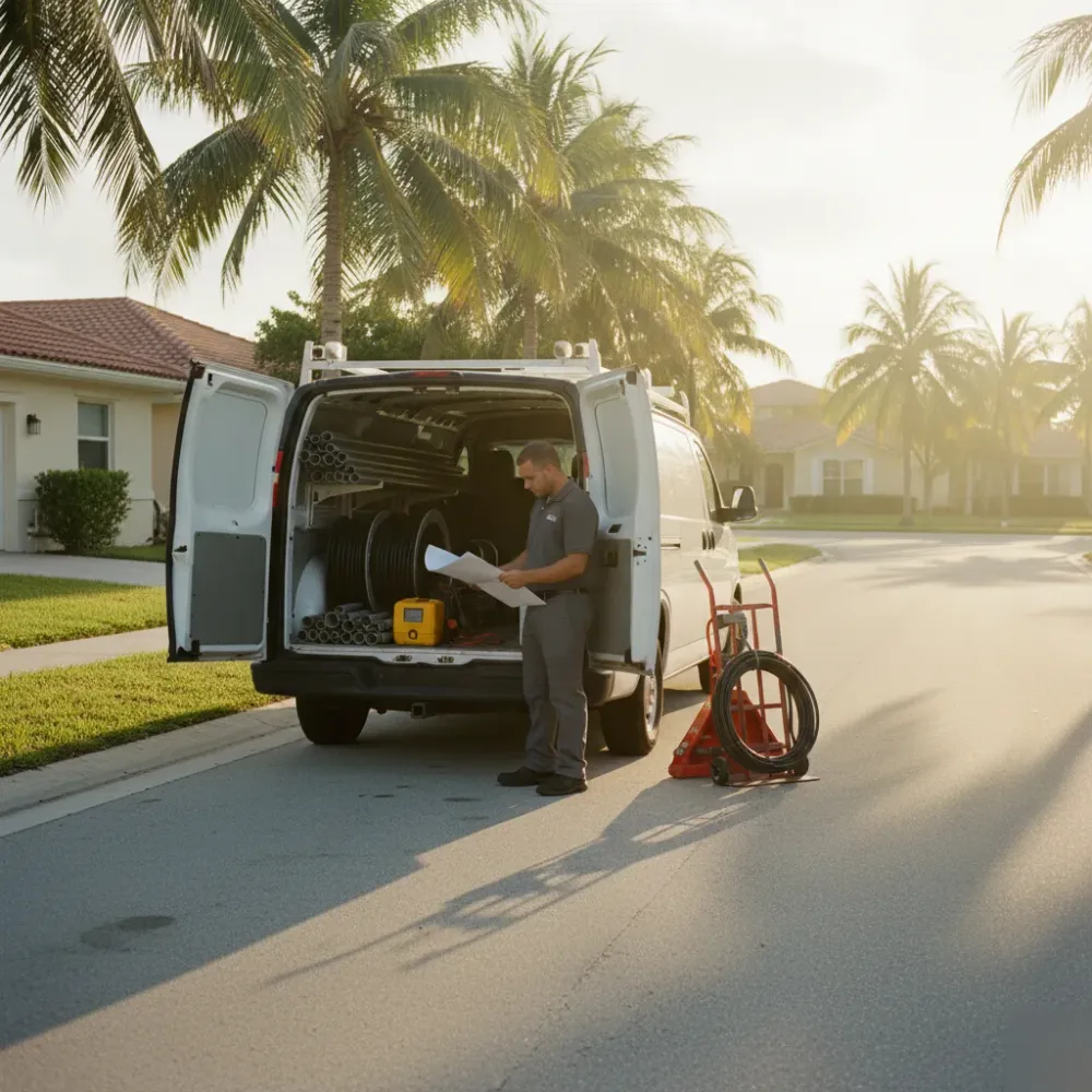 Technician reviewing wiring diagrams beside an open service van on a palm-lined residential street in Hallandale Beach,