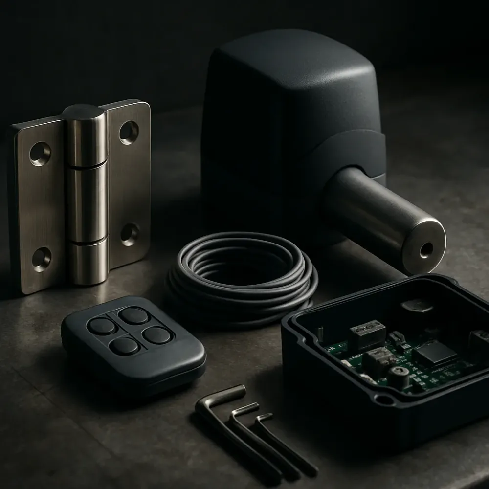 Marine-grade gate motor, hinge, keypad fob, and wiring arranged on a steel work surface with dramatic side-lighting.