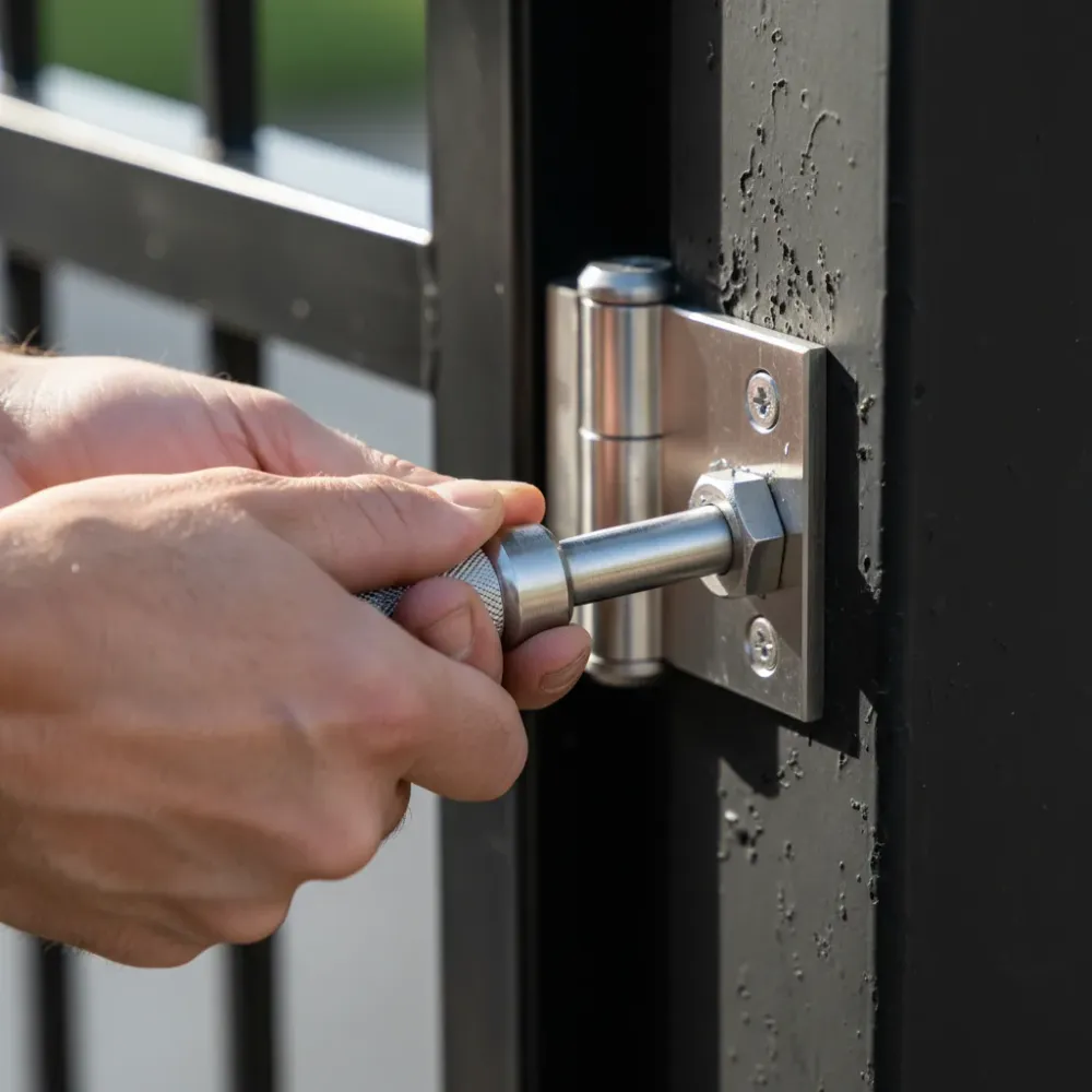Close-up of hands tightening a stainless steel hinge bolt on a powder-coated gate post during HOA gate installation.