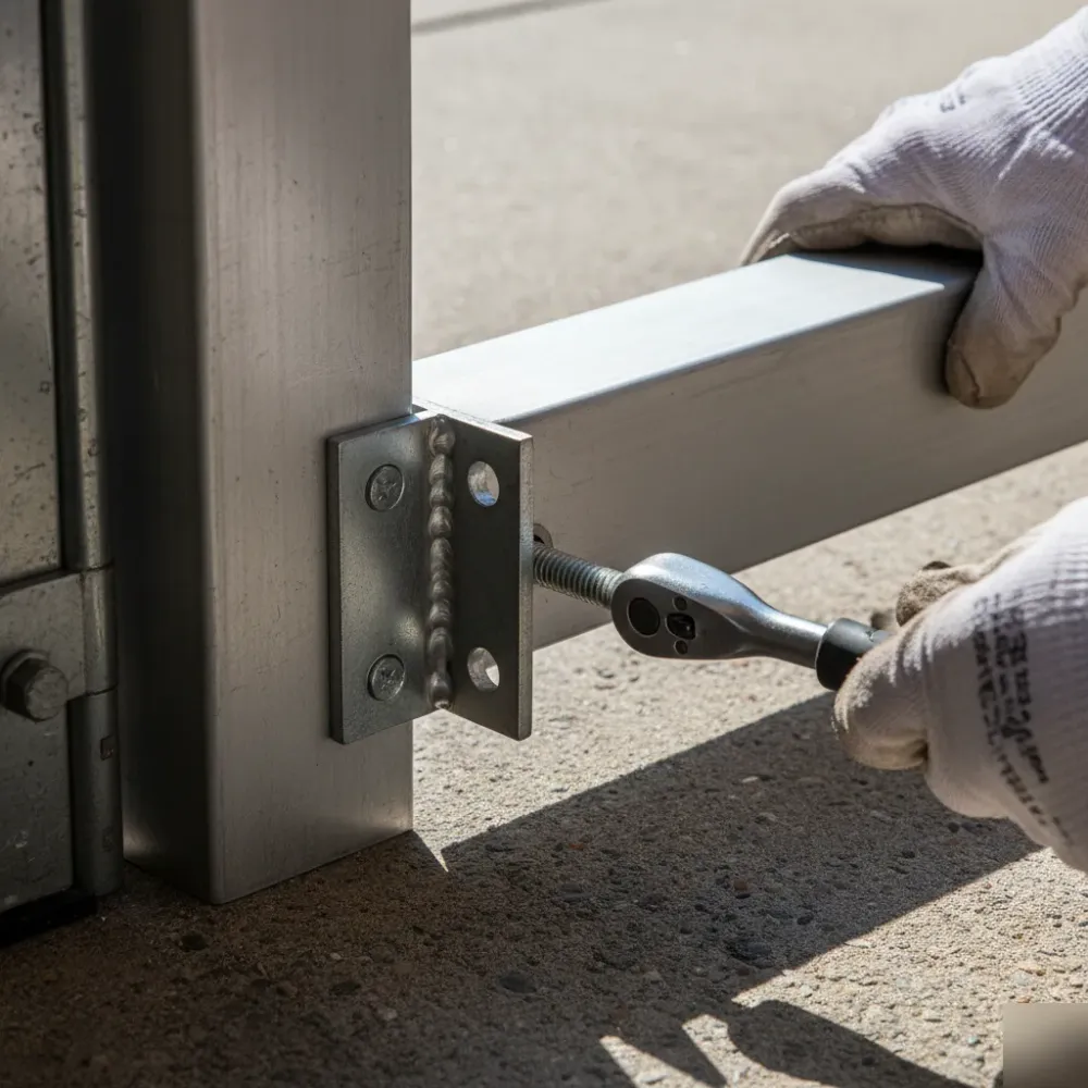 Gloved hands tightening a stainless steel hinge bolt on an aluminum driveway gate frame during installation.