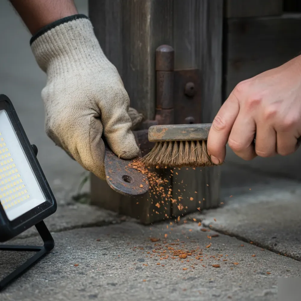 Close-up of hands using a wire brush to remove rust from a wrought iron gate hinge during maintenance service.