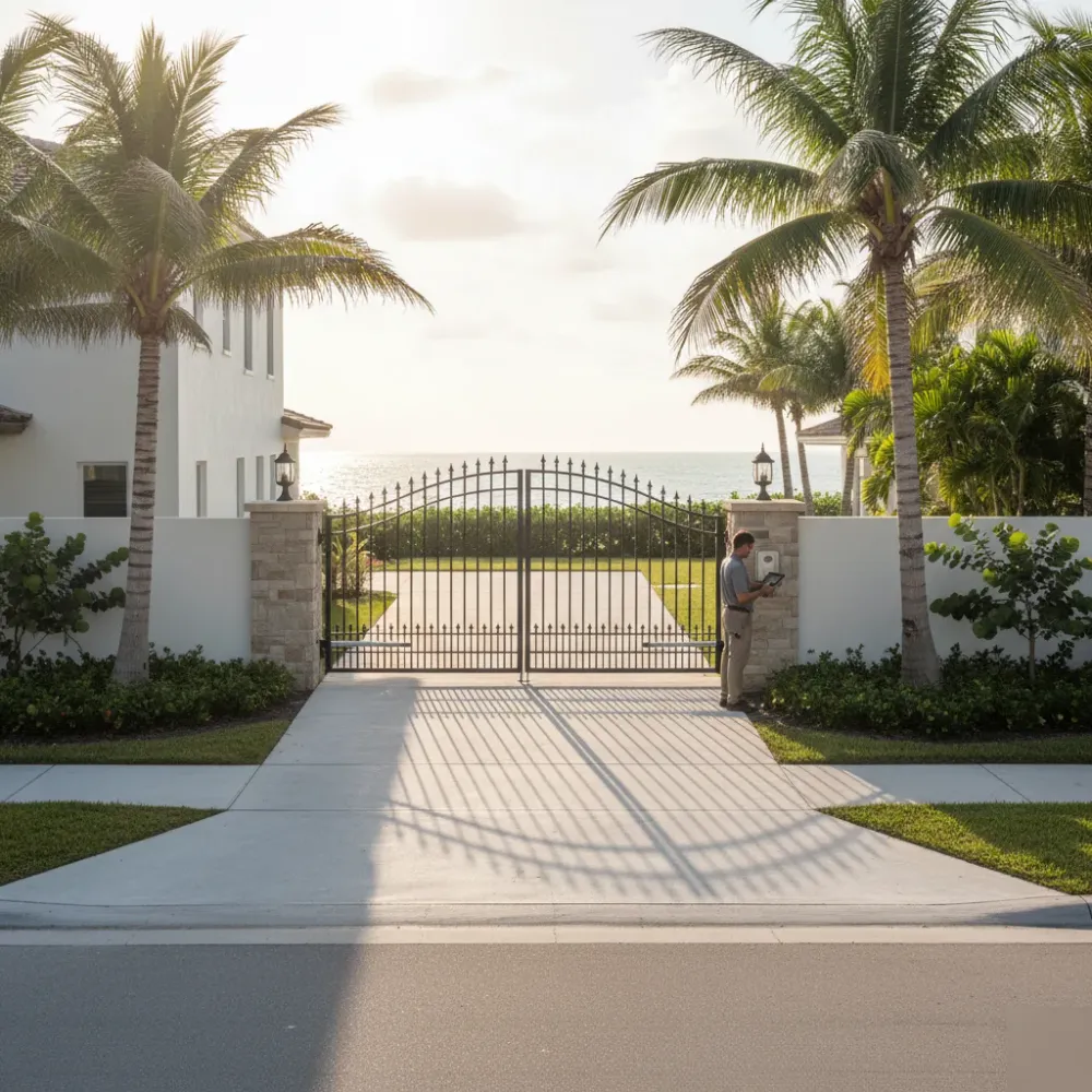 Gate installer reviews control panel settings beside a newly installed wrought iron swing gate at a Hallandale Beach coastal