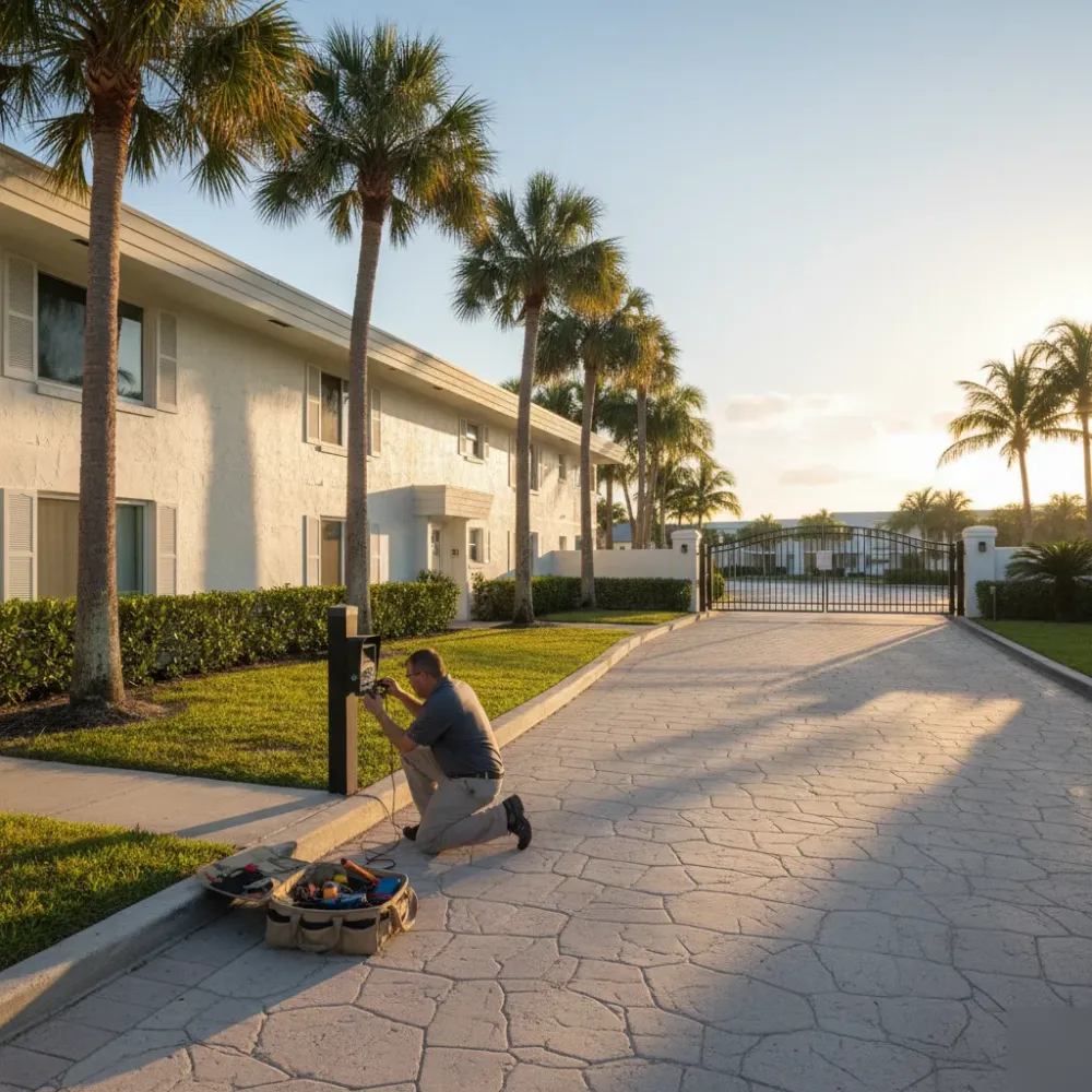 Technician kneels beside a gate keypad post at a South Florida condominium entrance during golden hour in Hallandale Beach.