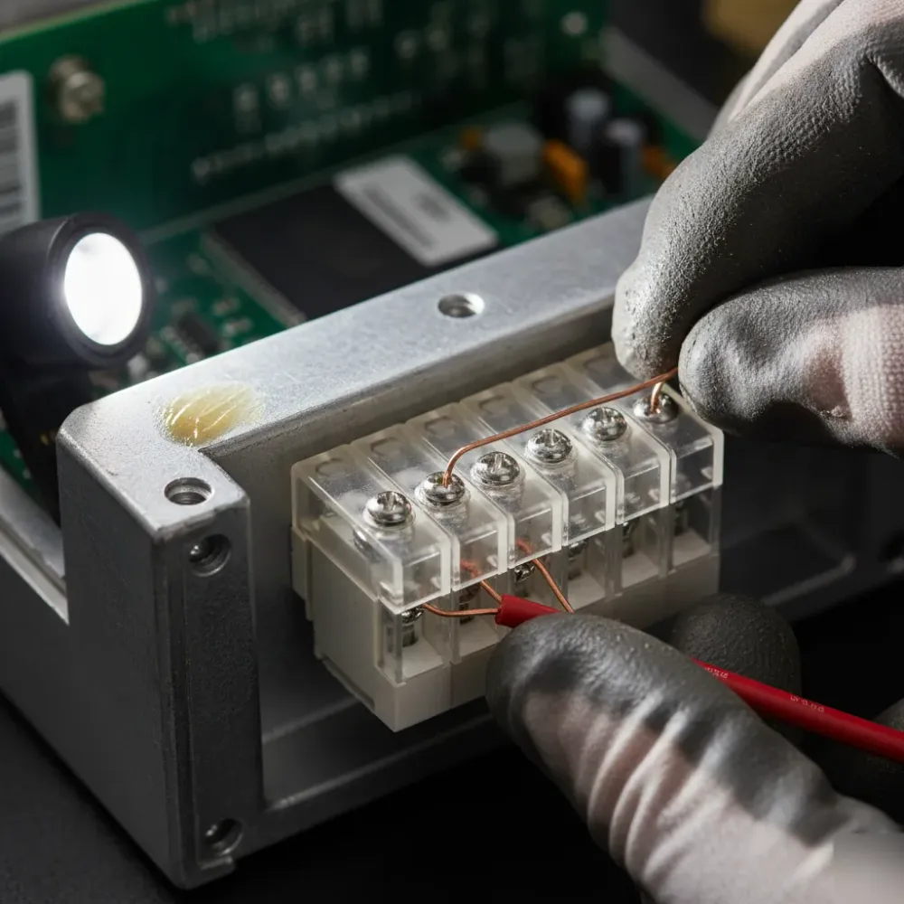 Hands feeding copper wire into a terminal block inside an open gate keypad housing during installation wiring.