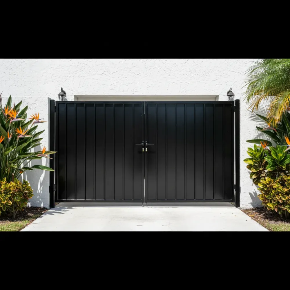 Clean, properly latched aluminum swing gate after a completed maintenance service at a Hallandale Beach property.