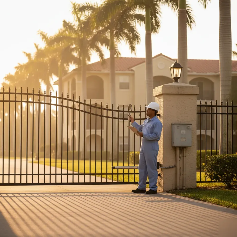 Technician inspecting an ornamental iron gate with a mirror tool at a multi-family property in Hallandale Beach at golden