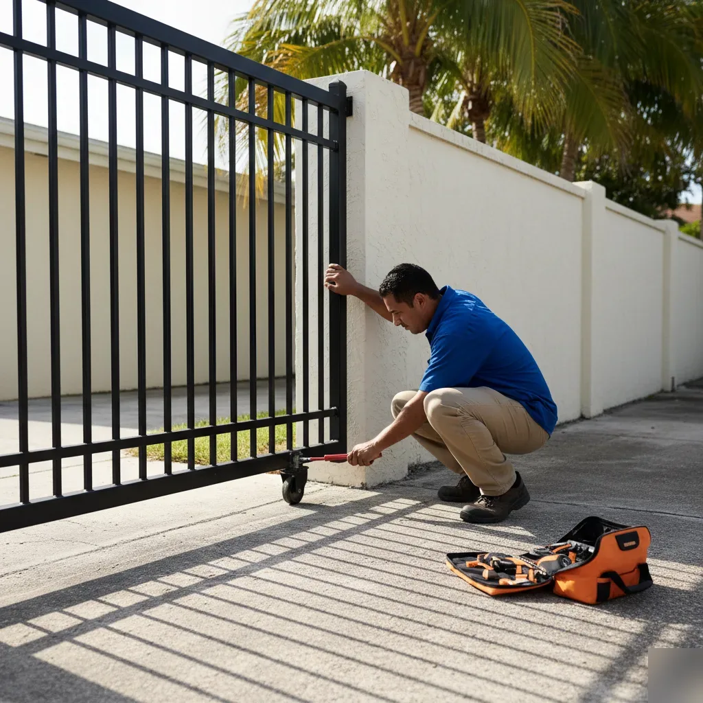 Technician applying grease to a sliding iron gate track during a gate maintenance visit in Hallandale Beach.