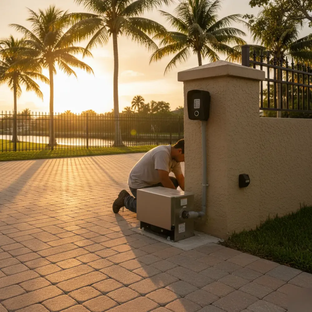 Gate installer running conduit to a slide gate motor on a canal-side property at golden hour in Hallandale Beach.
