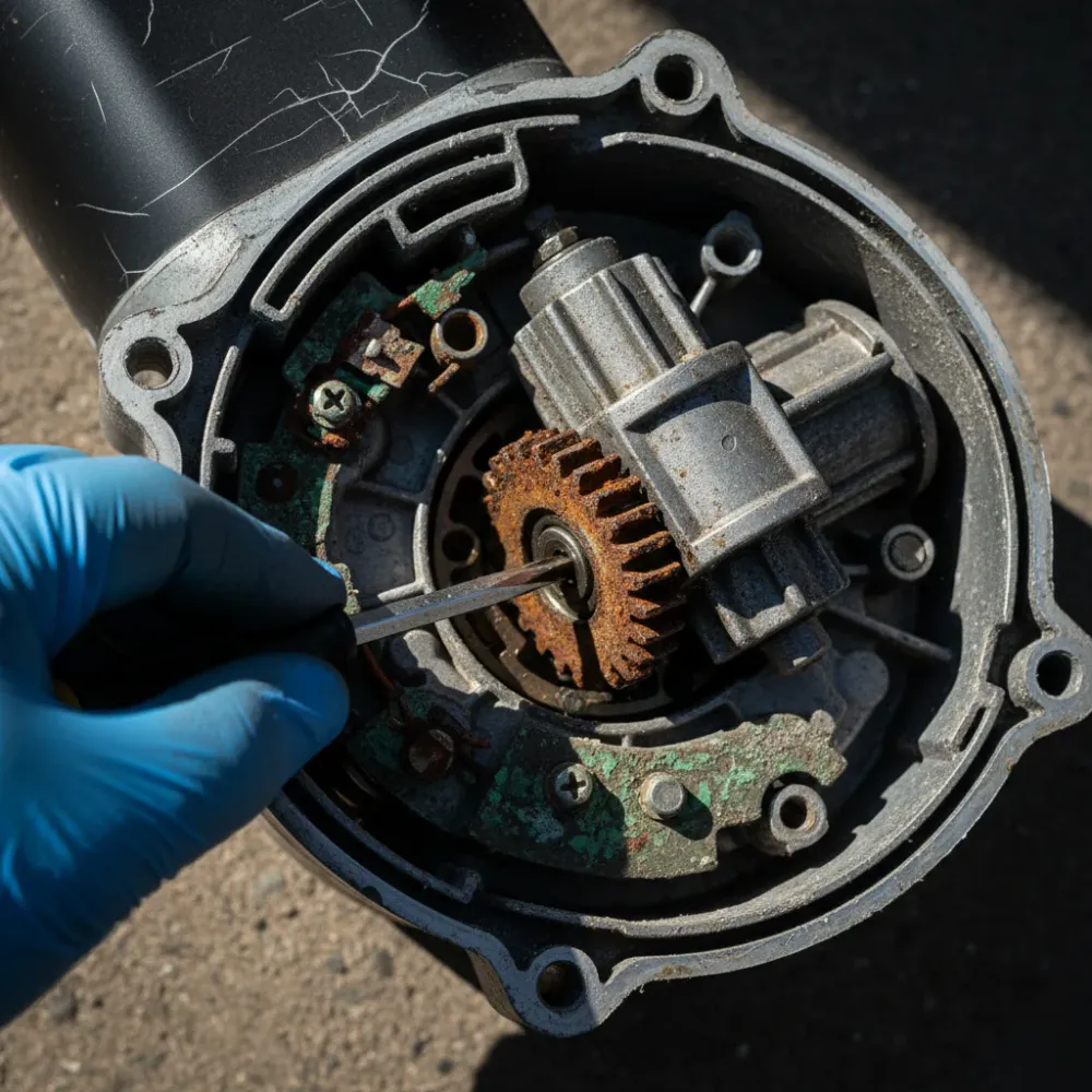 Close-up of corroded gate motor gearbox with rusted gear teeth being examined during a repair service.
