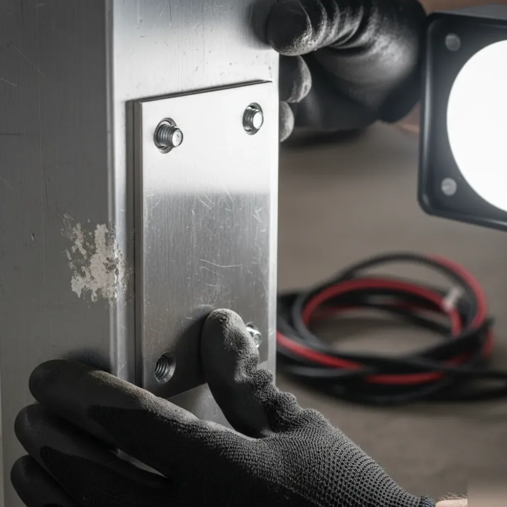 Gloved hands press a stainless steel motor mounting plate onto an aluminum gate post during automatic gate installation.
