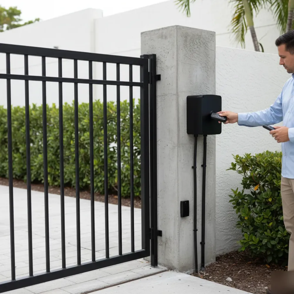 Repaired sliding gate motor on a concrete pillar with technician testing remote control function after service.