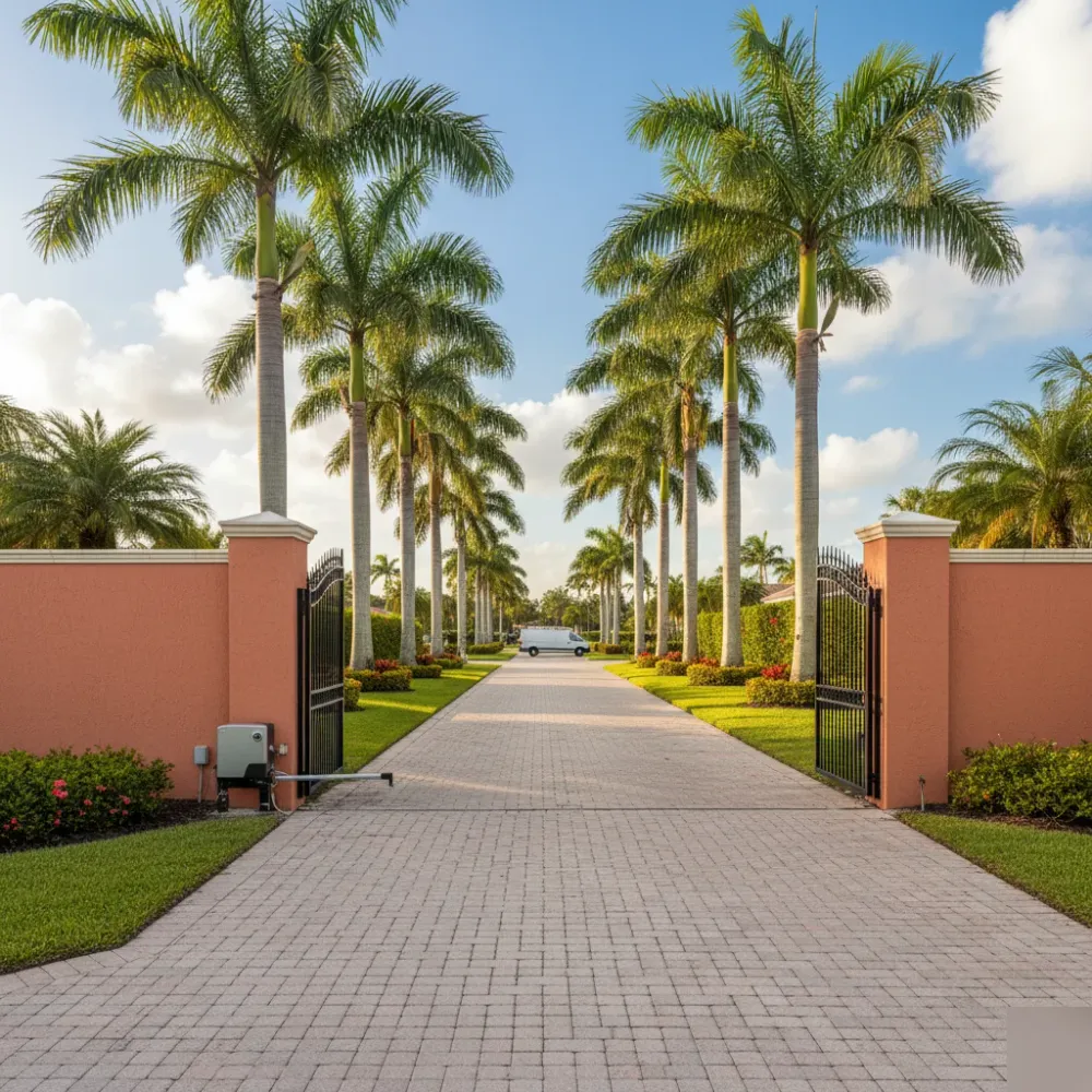 Residential gate entrance in Hallandale Beach with a newly repaired sliding gate motor and open driveway gate.