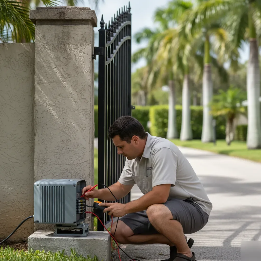 Gate motor repair technician testing a sliding iron gate motor with a multimeter in Hallandale Beach.