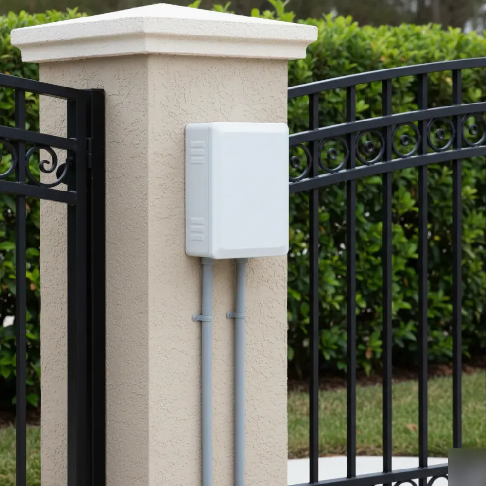 Newly installed gate motor control box sits cleanly on a stucco pillar beside a closed wrought-iron driveway gate.