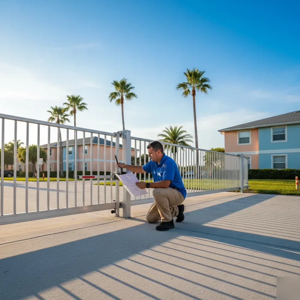 Technician kneels at a sliding gate entrance of a Hallandale Beach HOA community during golden hour, holding a motor bracket.