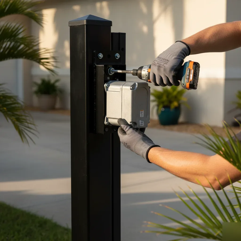 Technician fastens a new gate motor to a sliding gate post at a Hallandale Beach residential driveway.