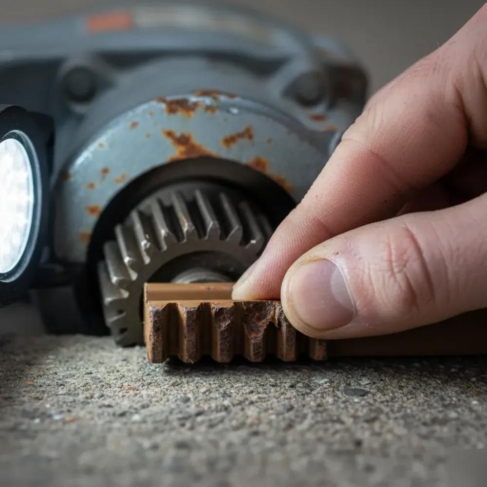 Close-up of a corroded gate motor drive gear with rust and worn teeth pressed by a bare finger.