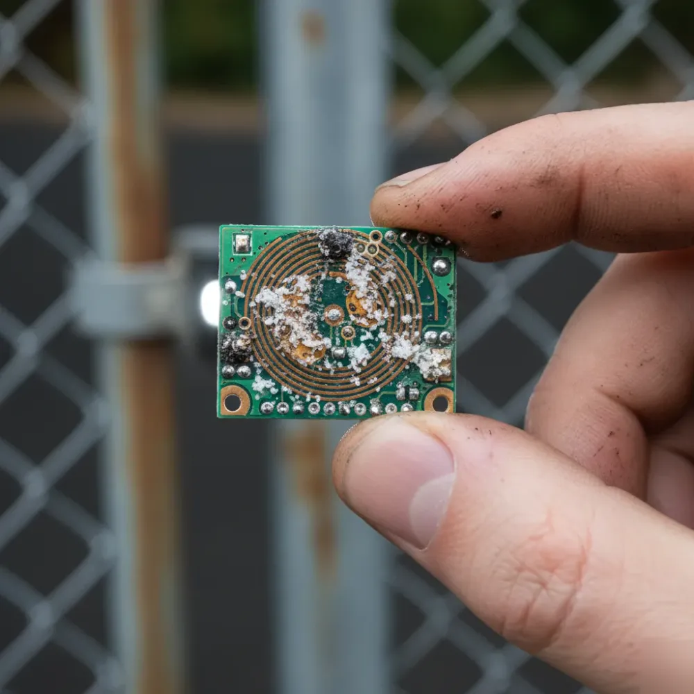 Close-up of a salt-corroded gate opener circuit board held by a technician's hand in Hallandale Beach.