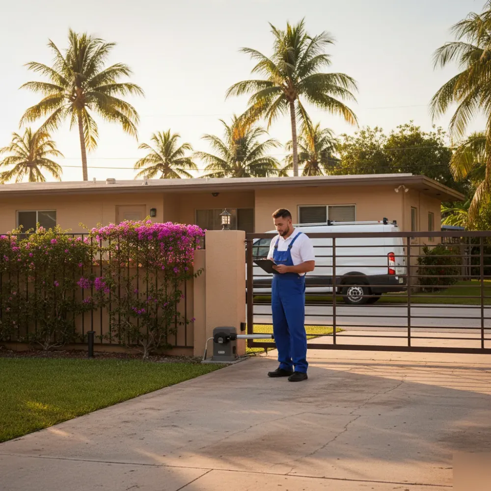 Technician stands beside an automatic gate opener at a stucco home in Hallandale Beach during a repair service visit.