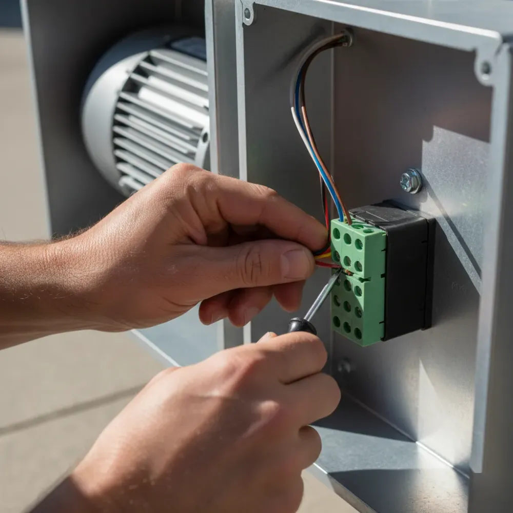 Hands connecting low-voltage wires into a terminal block inside an open gate operator housing during access control