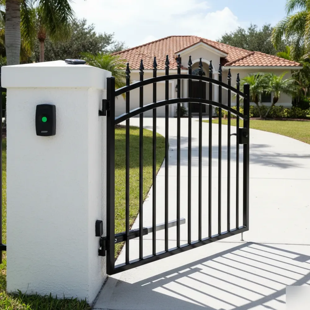 gate-repair-completed-open-position-indicator-hallandale-beach Fully open iron swing gate with a green indicator light glowing on the operator panel at a Hallandale Beach home.