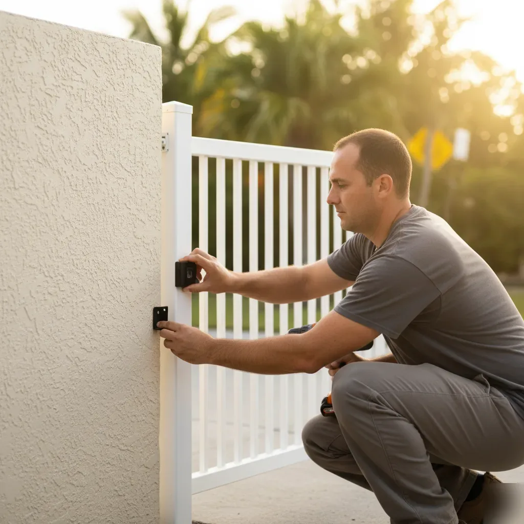 Technician installing a gate safety sensor on an aluminum swing gate post in Hallandale Beach, Florida.