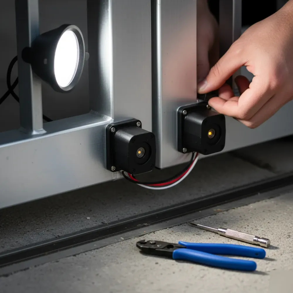 Close-up of hands aligning infrared gate safety sensors on a metal gate frame during installation.