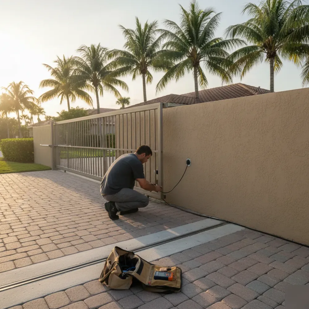 Technician running low-voltage wire along a stucco wall beside a sliding driveway gate at a Hallandale Beach home.