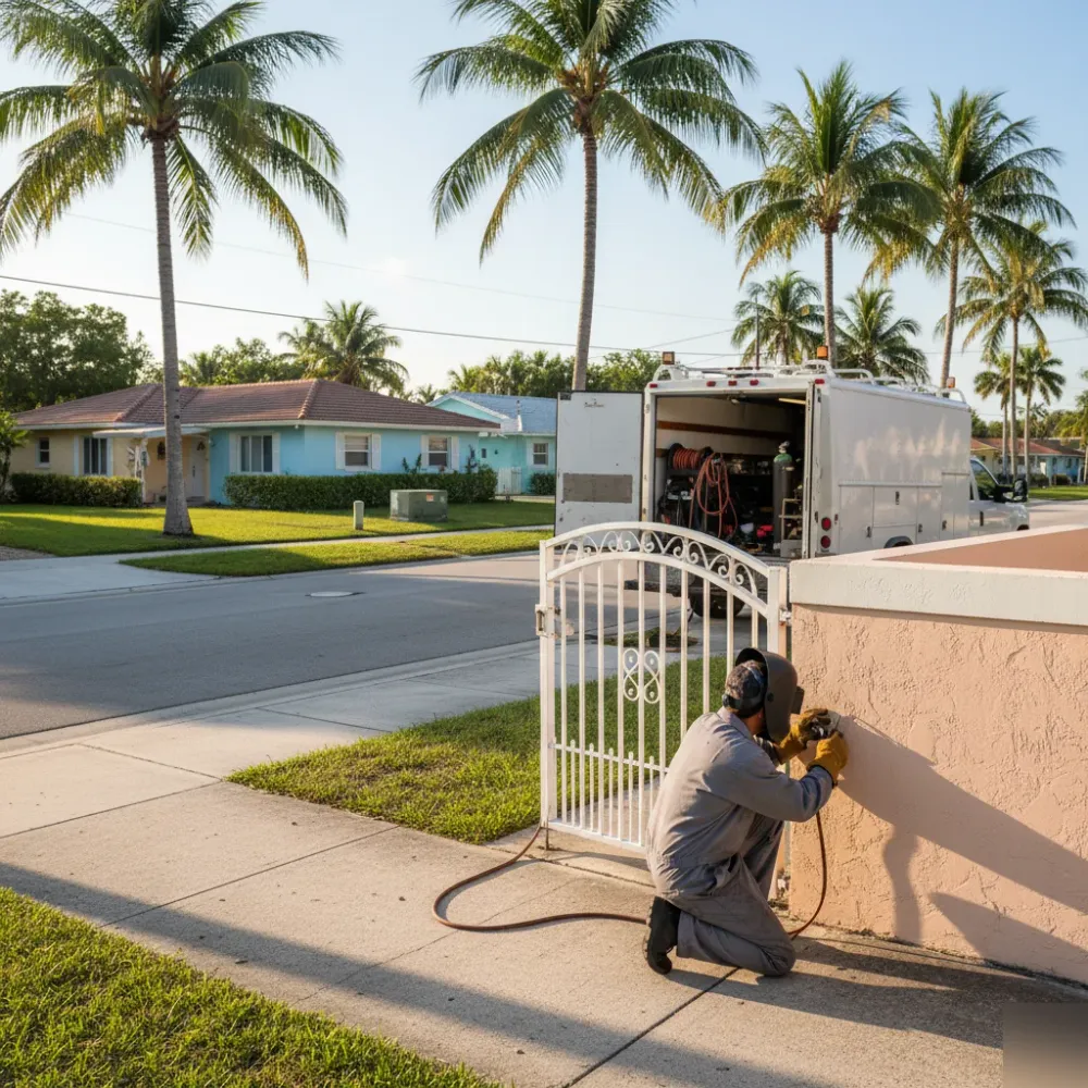 Welder examines a cracked iron gate at a Hallandale Beach home while a service truck sits parked at the curb.