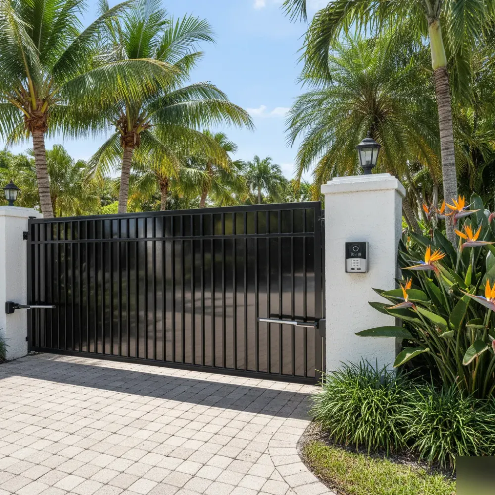 Swing gate with mounted keypad and video intercom stands at a tropical residential property entrance in Hallandale.
