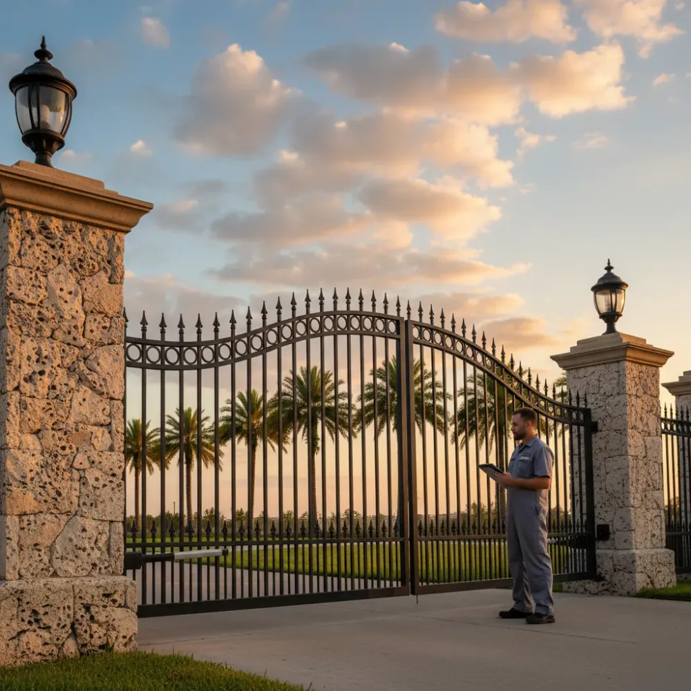 Technician holds a diagnostic tablet beside a large ornate HOA entrance gate flanked by coral-stone pillars in Hallandale