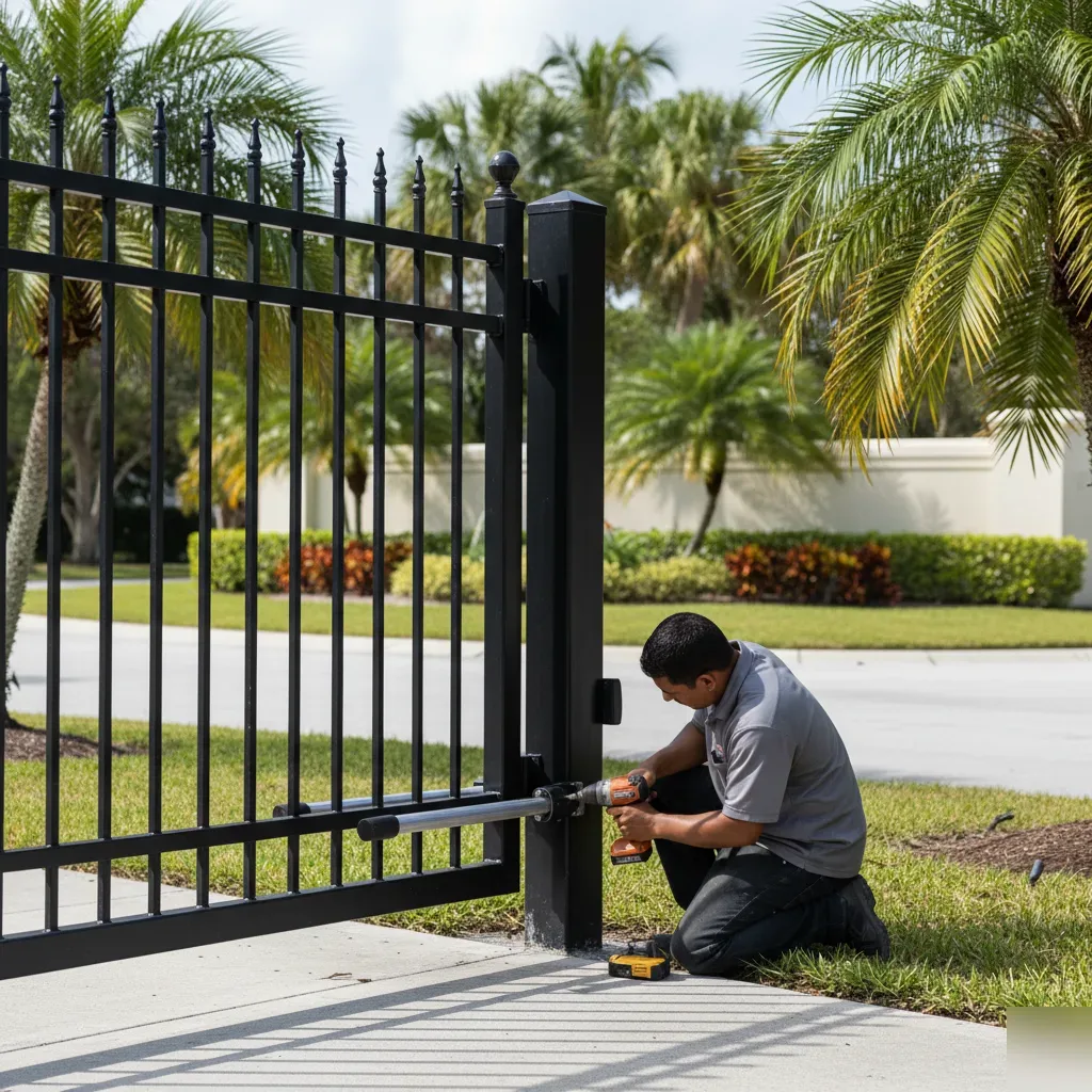 Gate technician kneels beside a steel swing gate being installed at a Hallandale Beach HOA community entrance.