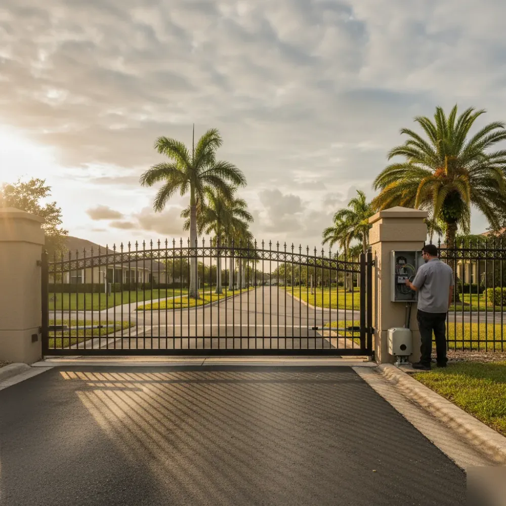 Technician connects gate operator wiring at a sliding HOA entry gate in Hallandale Beach during golden hour.