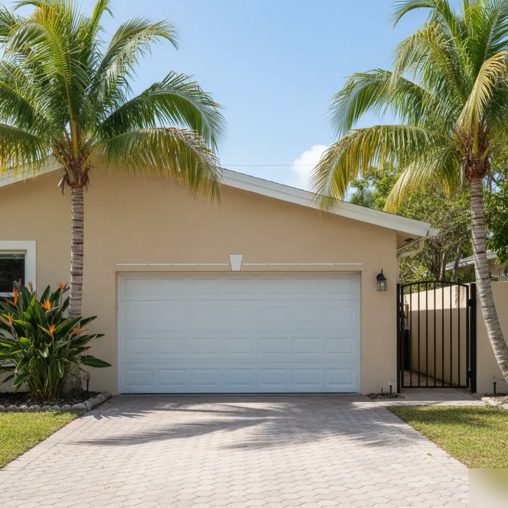 Hallandale Beach home exterior with a hurricane-impact garage door and a new automatic swing gate framed by tropical plants.