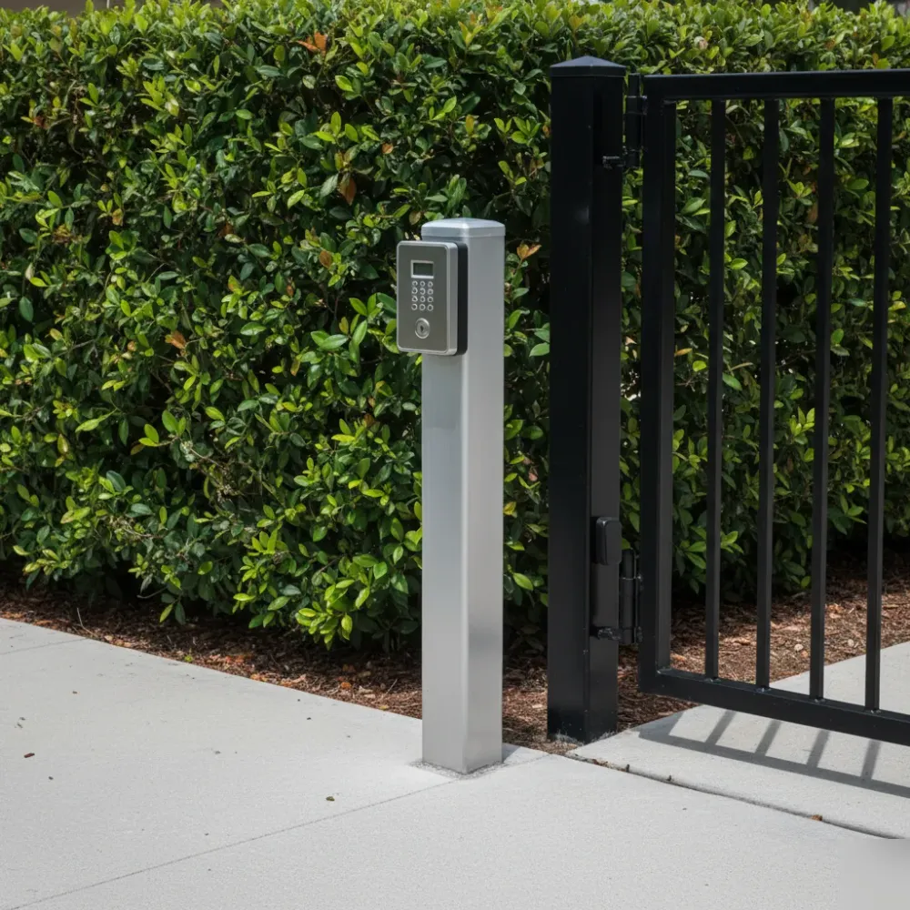 Fully installed gate keypad on an aluminum post beside a closed black swing gate at a Hallandale Beach property.