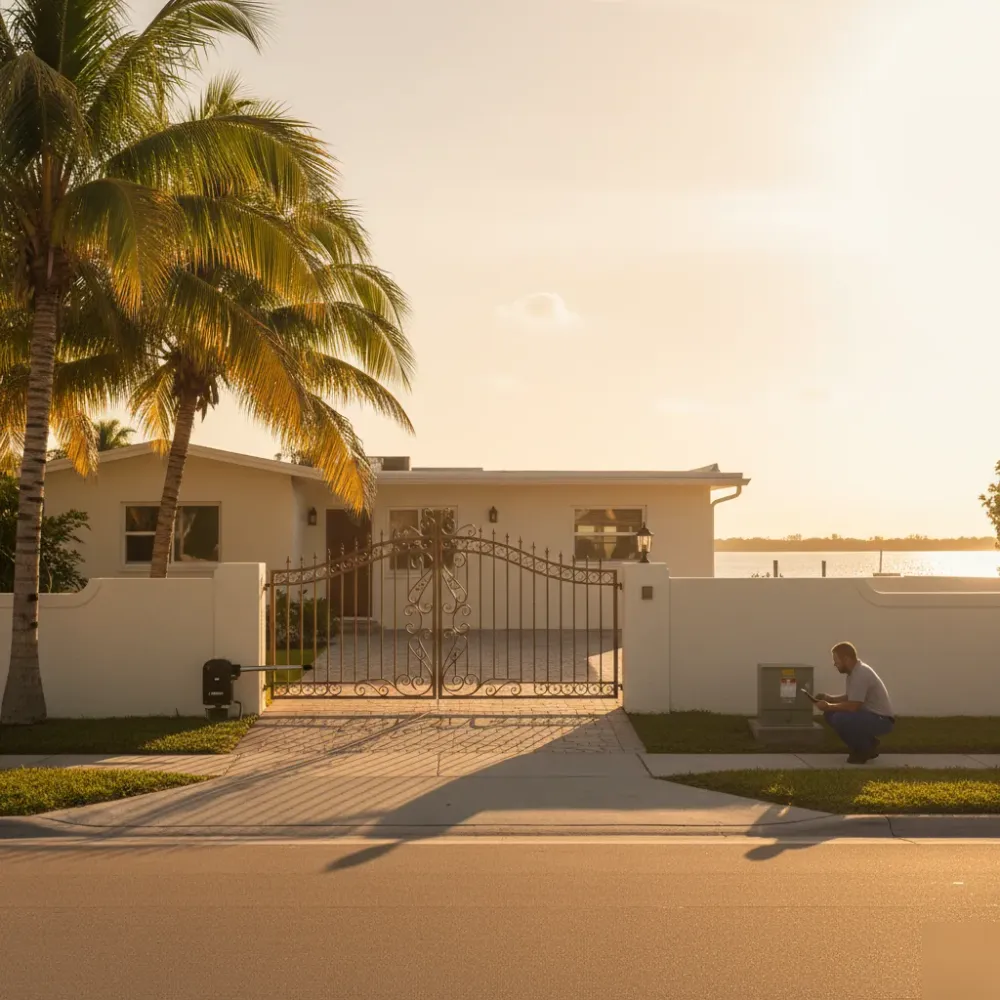 Technician reviews opener settings beside a wrought-iron swing gate at a stucco home in Hallandale Beach at golden hour.