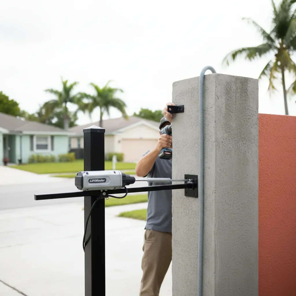 Technician mounts a LiftMaster gate opener bracket on a stucco pillar at a Hallandale Beach residential driveway.
