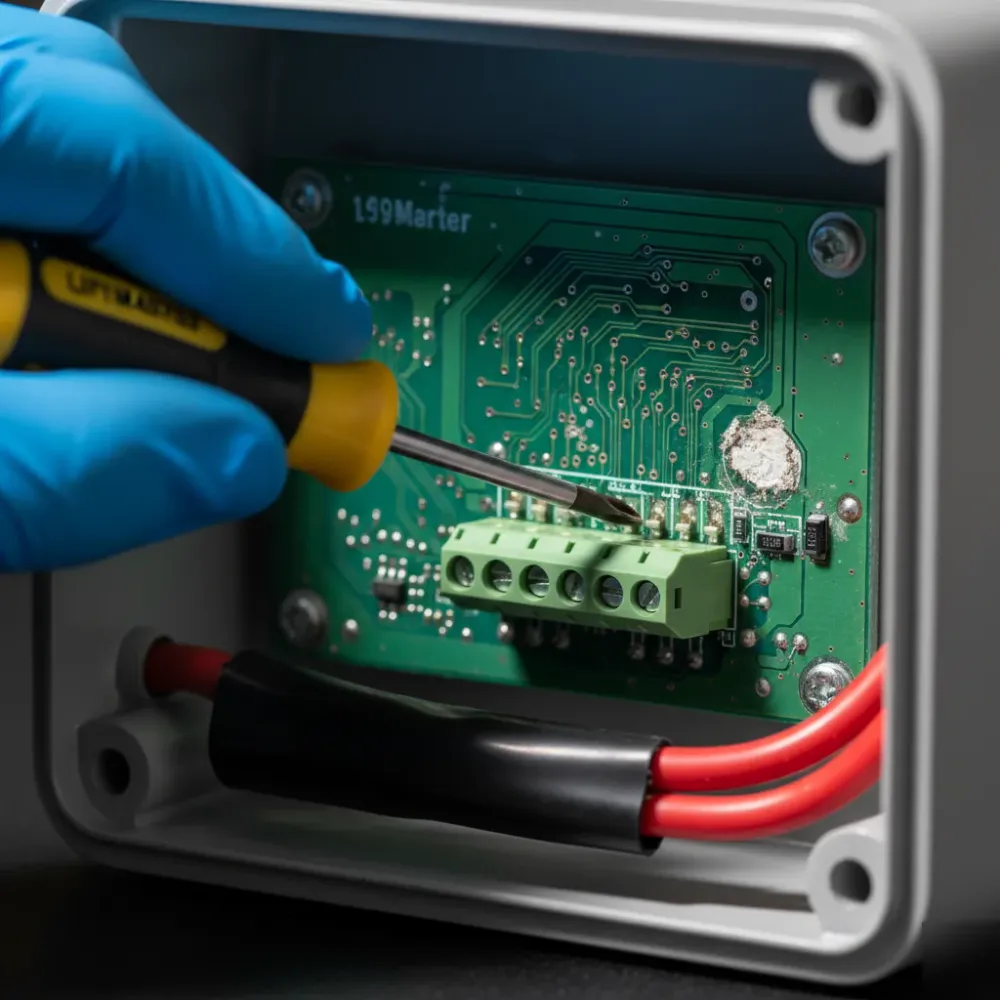 Gloved hand uses a screwdriver on a corroded LiftMaster logic board terminal block inside an opener control box.