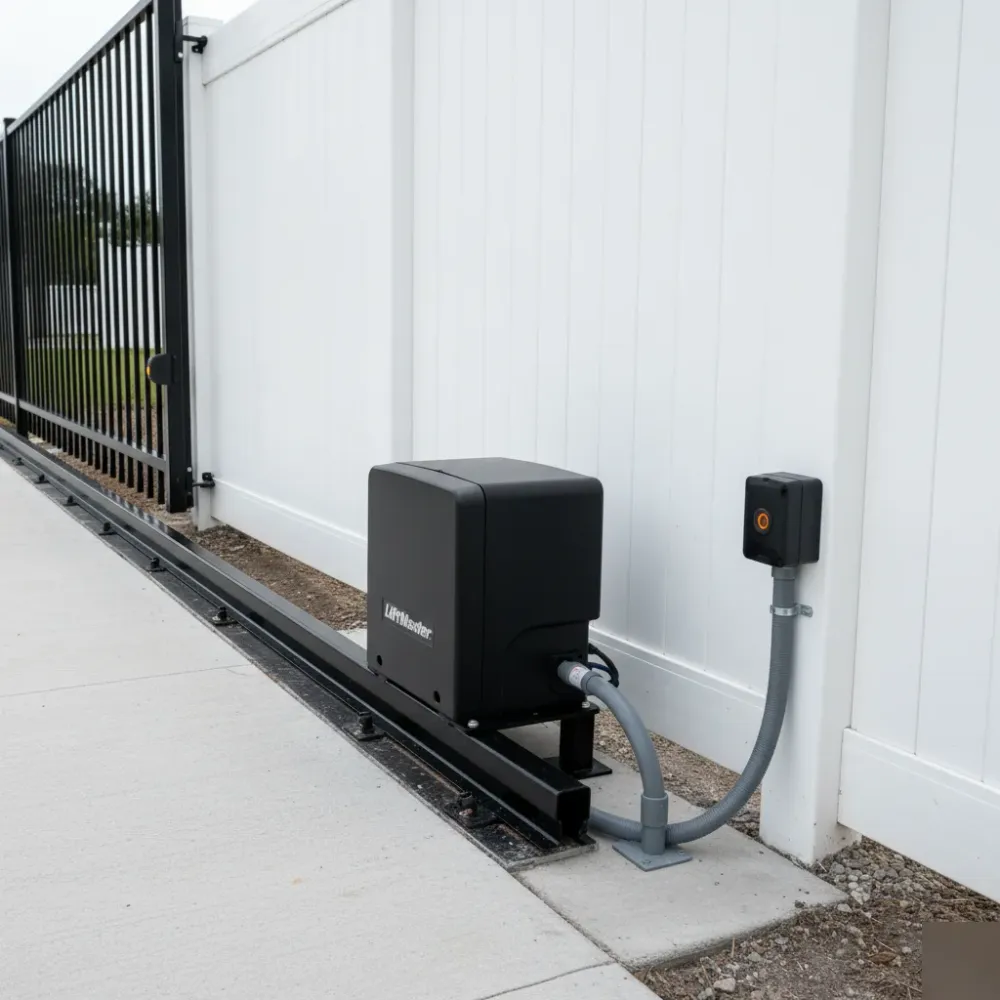 Newly installed LiftMaster slide gate opener sits on a steel rail track beside a vinyl fence in Hallandale Beach.