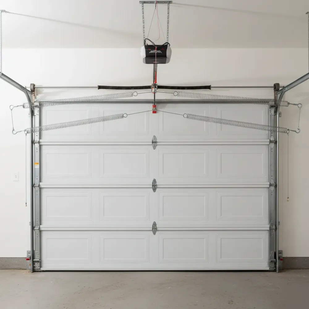 Pair of newly installed galvanized extension springs with safety cables on a balanced, fully closed residential garage door.