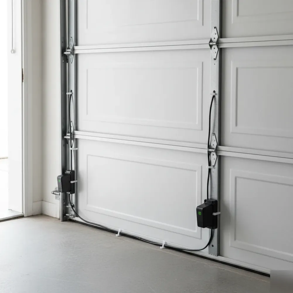 Garage door with two newly installed black sensors mounted on clean aluminum tracks with green indicator lights glowing.