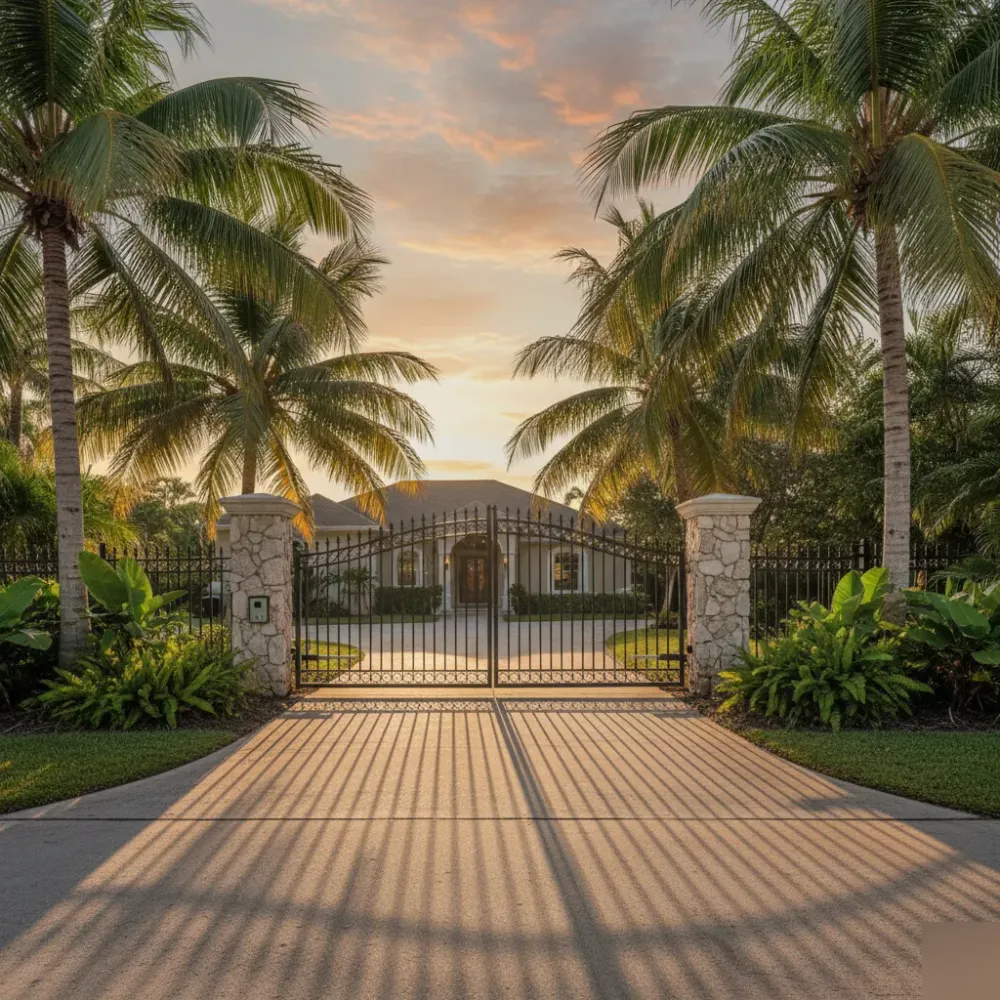ornamental-swing-gate-coral-stone-pillars-hallandale-beach-golden-hour Closed ornamental steel swing driveway gate stands between coral-stone pillars at a palm-lined Hallandale Beach home at .